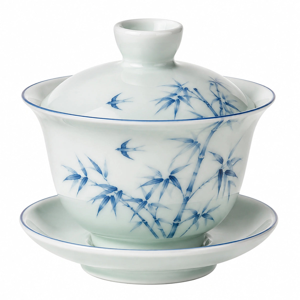Porzellan Gaiwan Teeschalen Set 150 ml Weiß Blau mit Bambusdekor