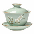 Gaiwan Teetasse 180 ml Keramik Hellgrün mit Blütenmuster und Deckel