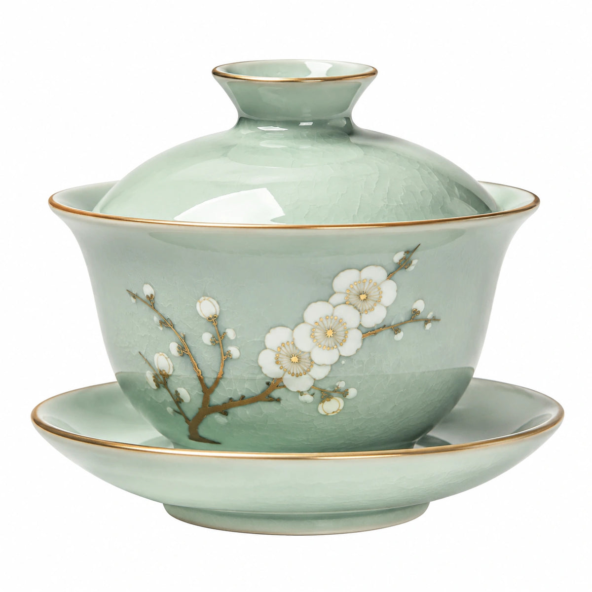 Gaiwan Teetasse 180 ml Keramik Hellgrün mit Blütenmuster und Deckel