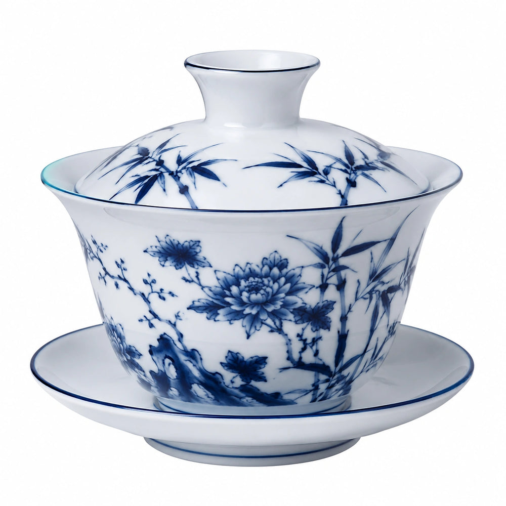 Gaiwan Teeschale 150 ml Porzellan Weiß Blau mit Deckel und Untertasse