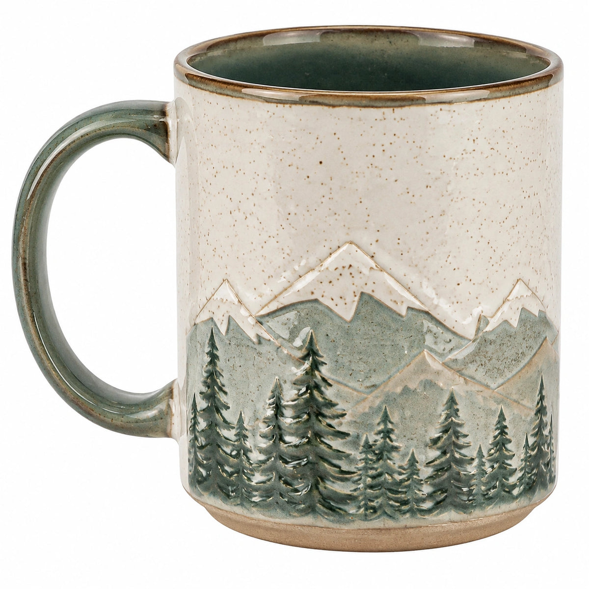 Keramiktasse 400 ml Beige Grün mit Bergwald-Relief für Heißgetränke