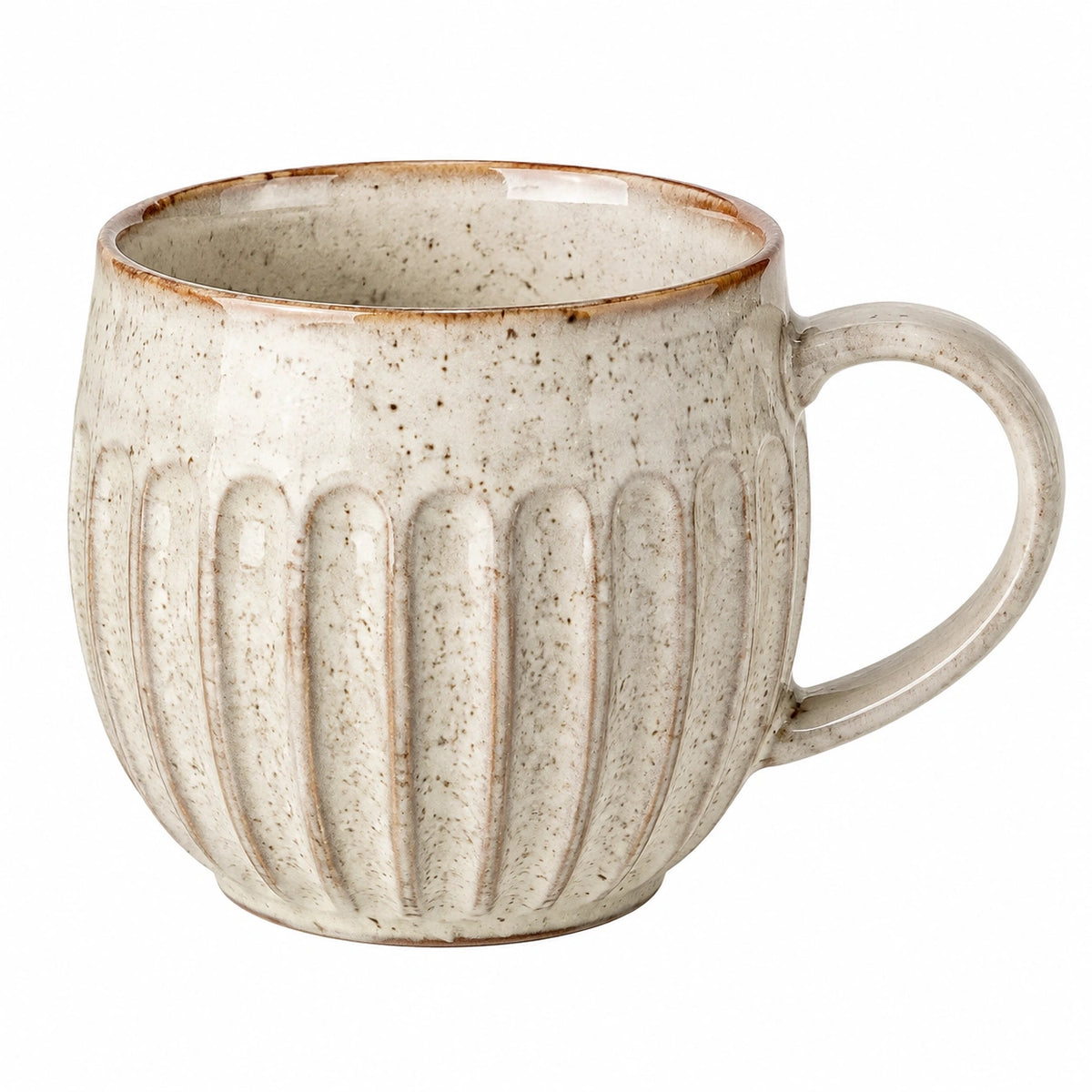 Keramiktasse 400 ml Beige - geriffelte Kaffeetasse mit Henkel