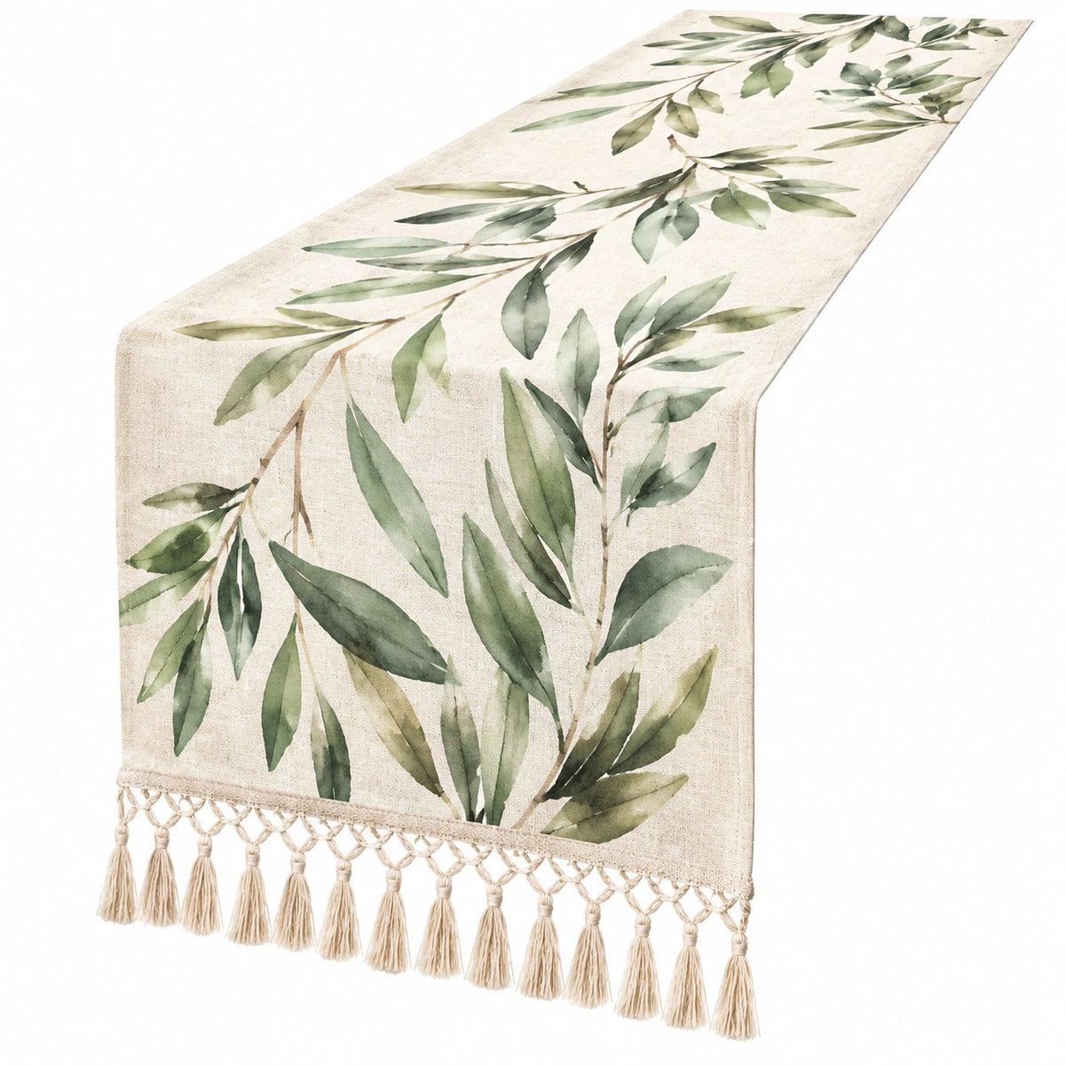 Tischläufer 180 x 33 cm Beige Grün Blattmuster Webstoff mit Quasten