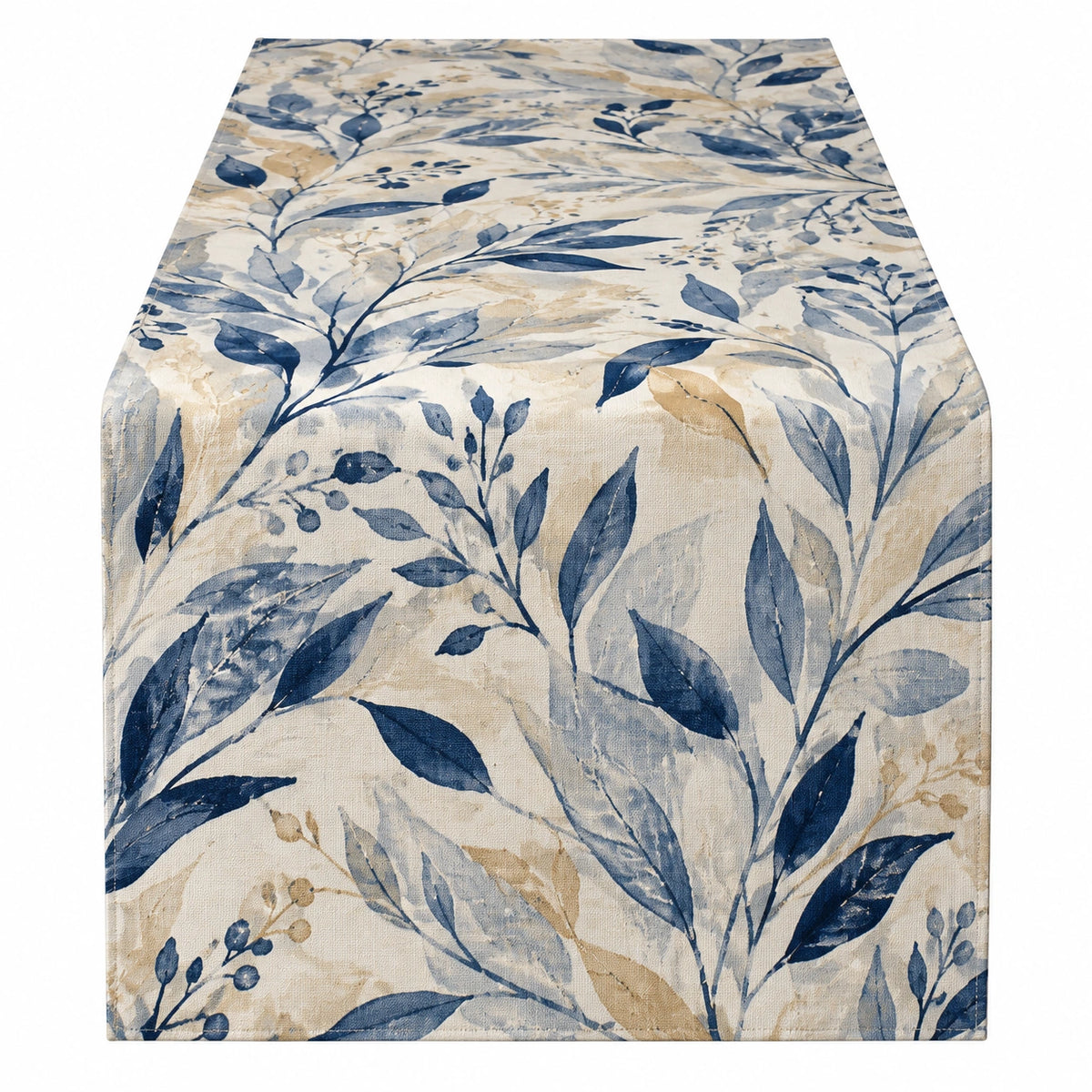 Tischläufer 180 x 40 cm Beige Blau mit Blättermuster aus Polyester für Esstisch