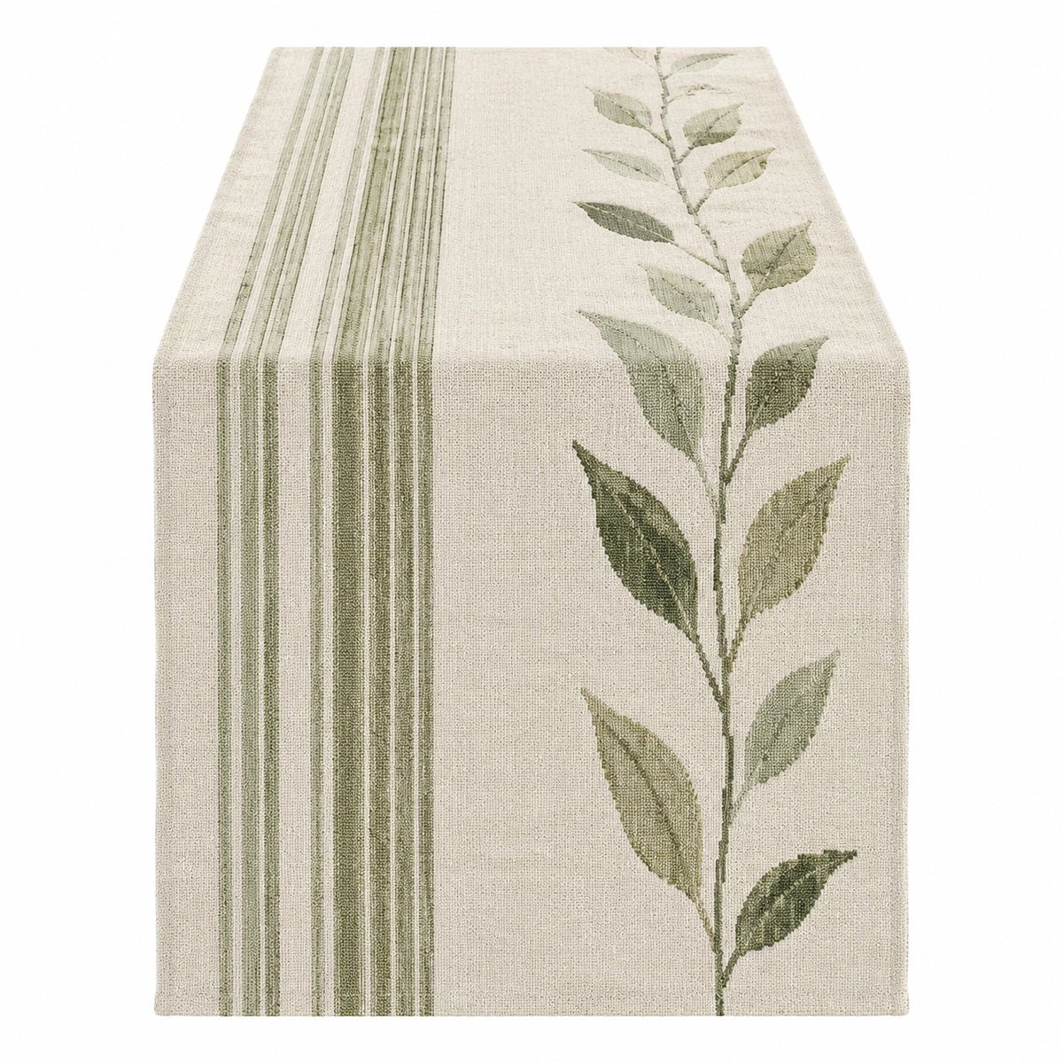 Tischläufer 180 x 33 cm aus Webstoff Beige Grün mit Blättermuster für Esstisch