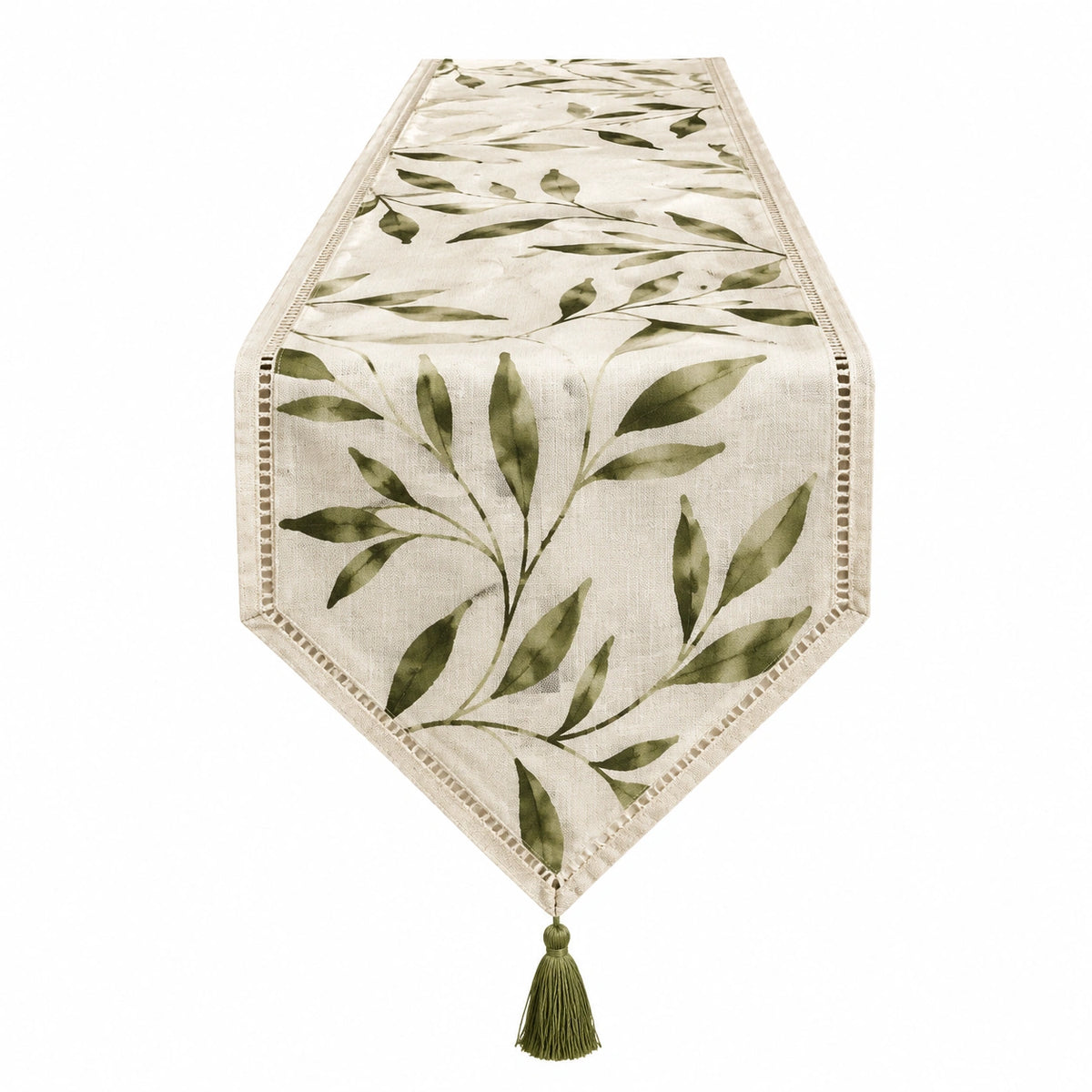 Tischläufer 180 x 33 cm Polyester Beige Grün Blättermuster mit Quaste